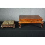 A Victorian walnut low table with base drawer and a late Regency rosewood footstool. H.26 W.63 D.