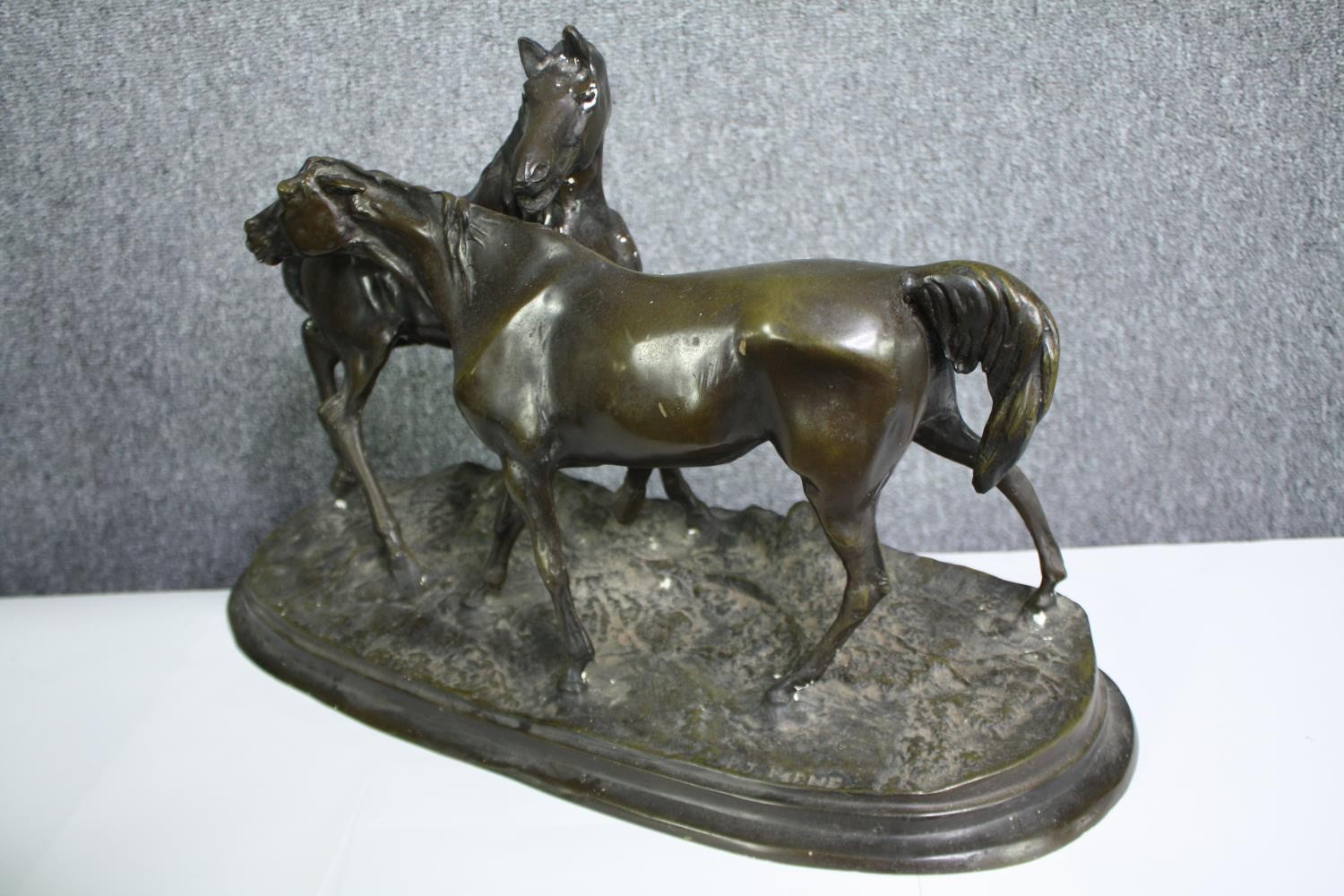 After Pierre-Jules Mene, an early 20th century bronze figure group, horses, signed to base. H.30 W. - Bild 4 aus 8