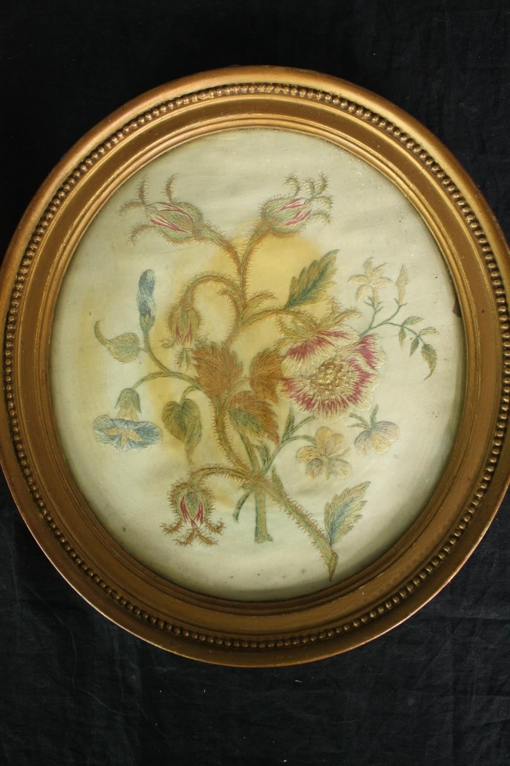 A pair of 19th century woolwork embroideries, honeysuckle, carnations and bluebells, framed and - Image 4 of 6