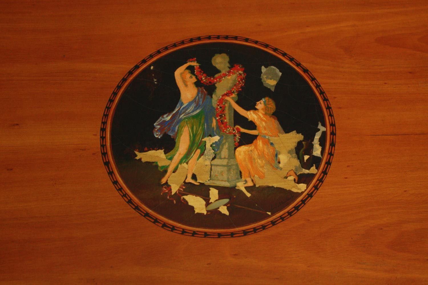 A vintage coffee table, 19th century style Continental satinwood with central painted cartouche. - Image 6 of 9