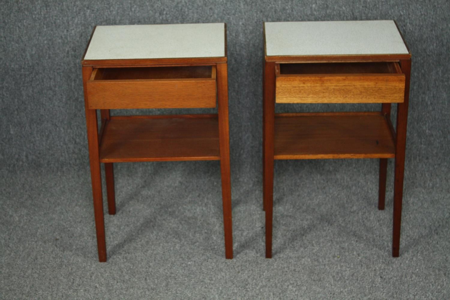 Bedside tables, a pair, mid century teak with composite laminated tops. H.61 W.38 D.31cm. (each). - Image 2 of 7