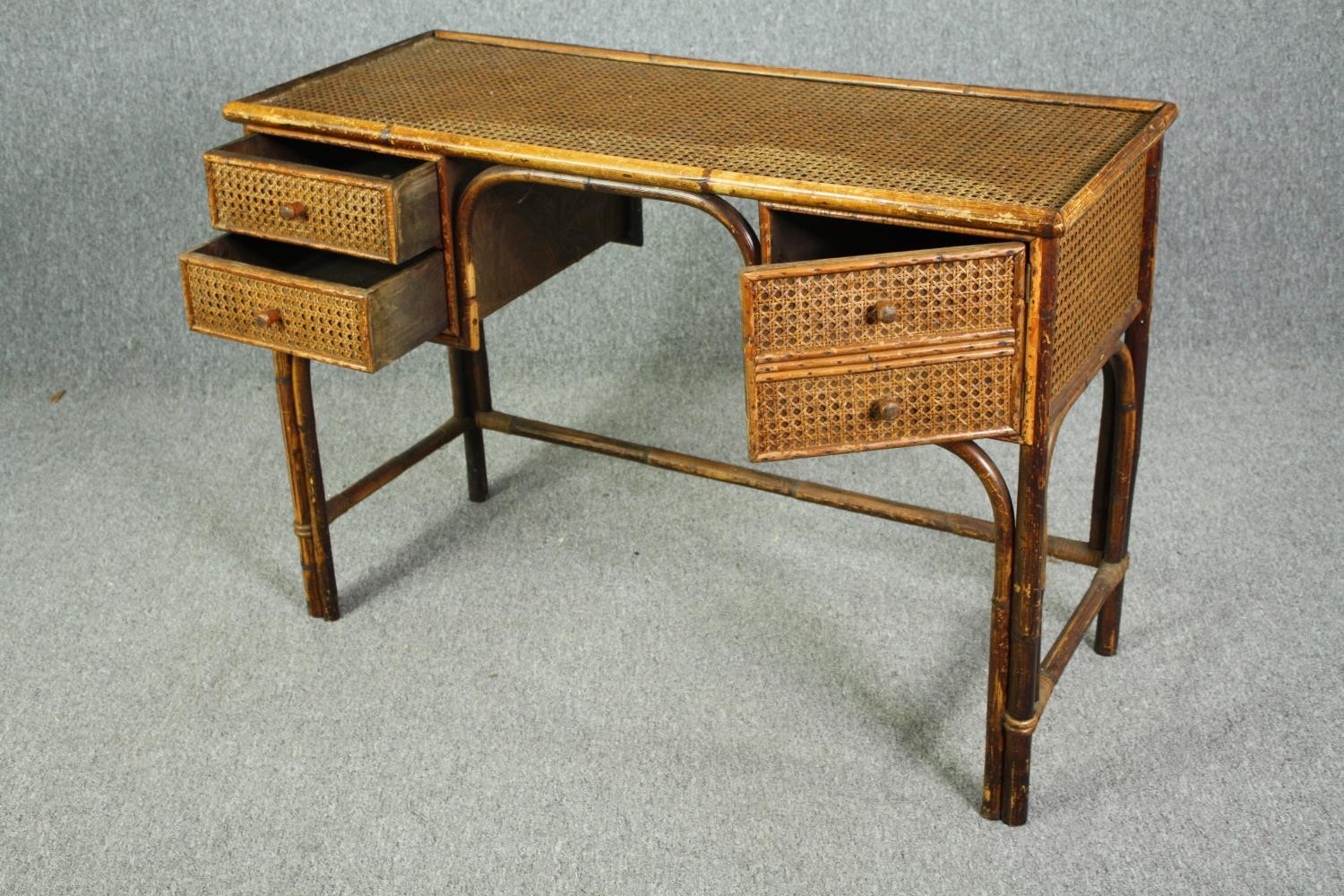 A vintage cane and bamboo writing or dressing table. H.75 W.107 D.44cm. - Image 4 of 8