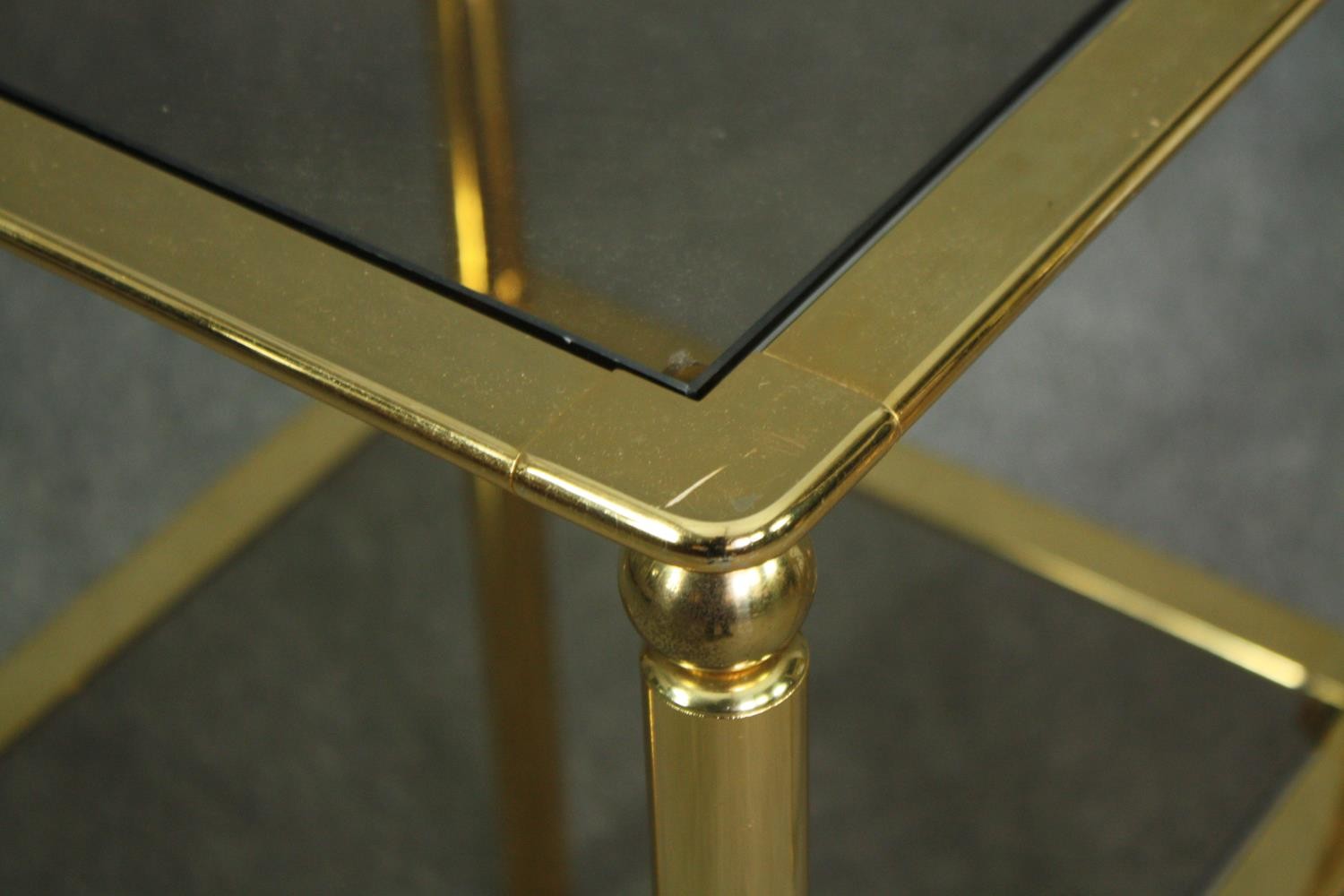 A pair of contemporary brass and glass lamp tables. H.73 W.40 D.40cm. (each) - Image 5 of 5