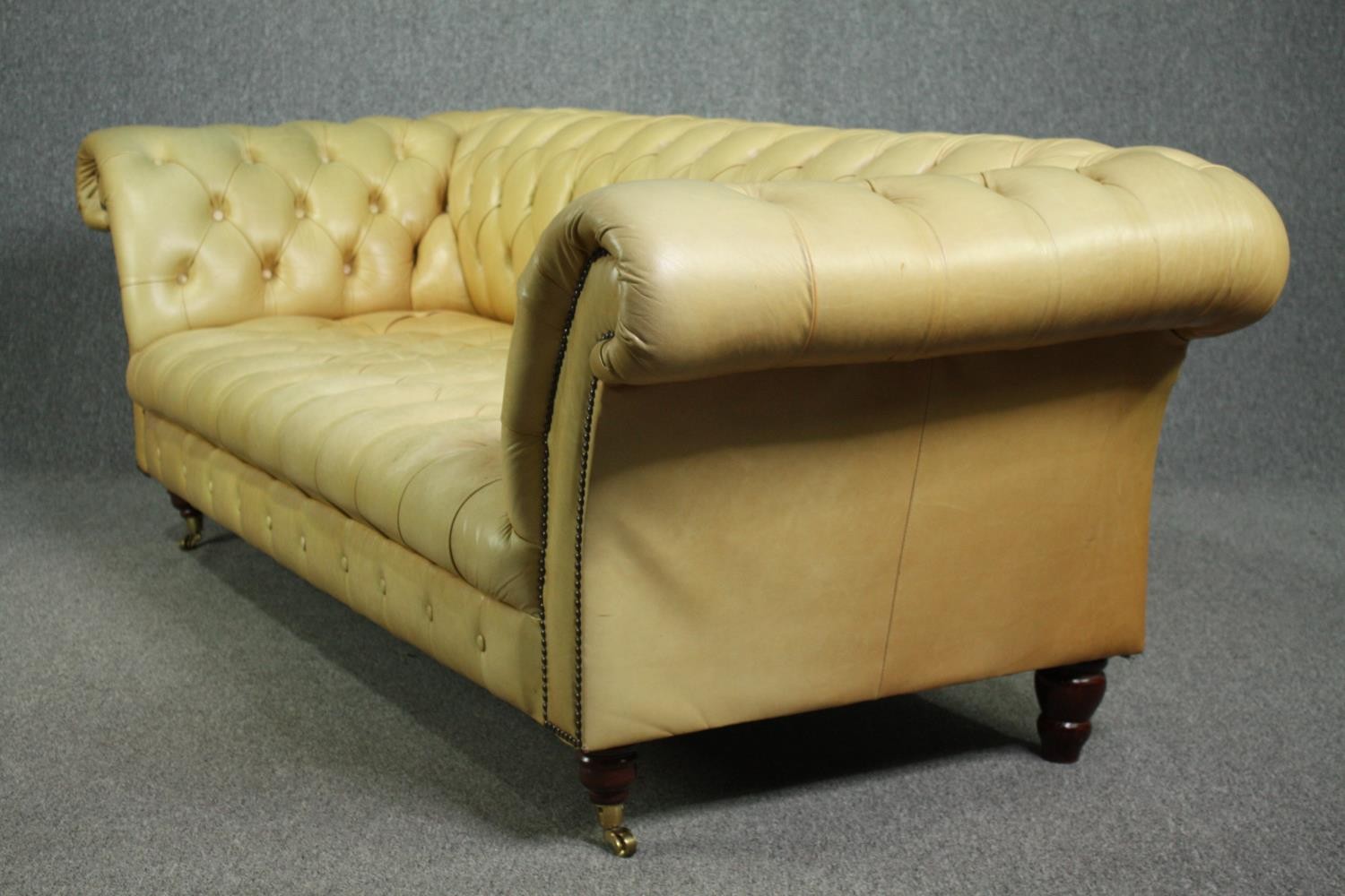 Chesterfield sofa, Victorian style in deep buttoned and studded leather upholstery raised on - Image 3 of 8