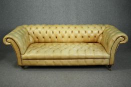 Chesterfield sofa, Victorian style in deep buttoned and studded leather upholstery raised on