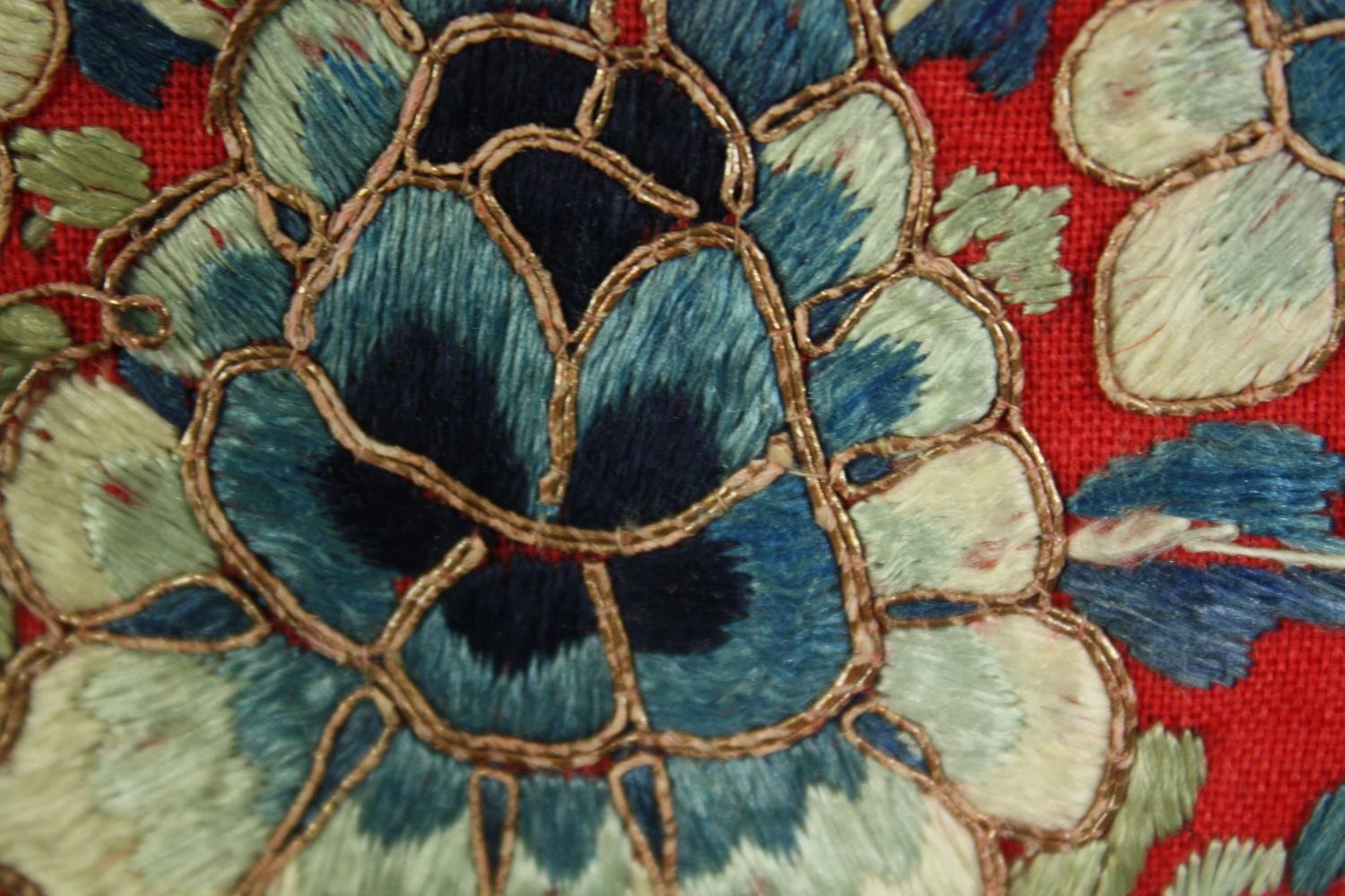 A pair of late 19th century flowerhead woolwork tapestries. Framed and glazed but one missing it's - Image 4 of 9