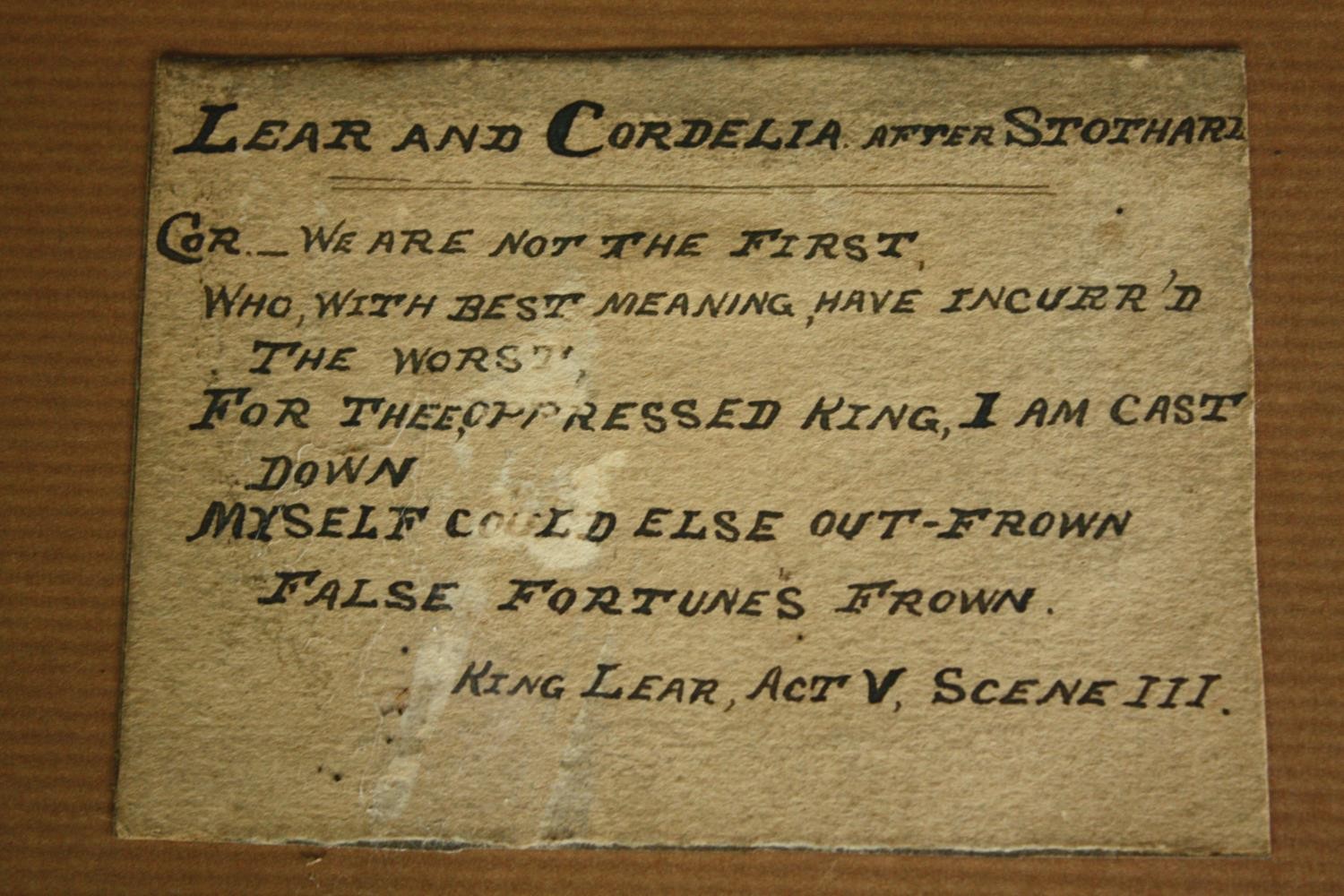 A late 19th century framed and glazed silk embroidery; King Lear, Act V, Scene III. Inscription - Image 6 of 7