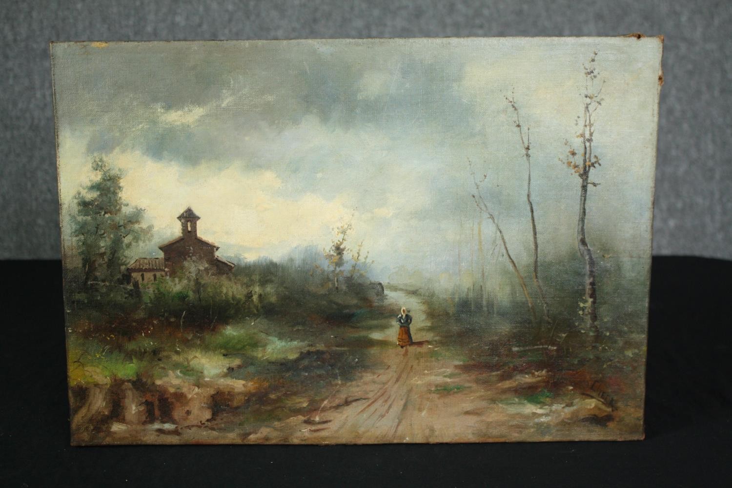 Oil on canvas, country landscape with a woman on a lane. Signed Checa. H.32 W.46cm. - Image 2 of 4