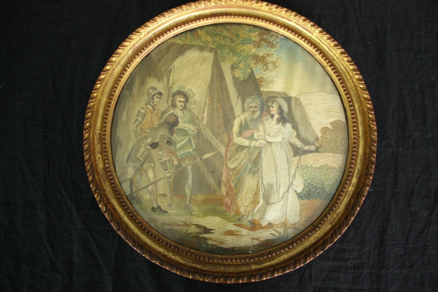 A late 19th century framed and glazed silk embroidery; King Lear, Act V, Scene III. Inscription