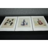 A set of three 19th century hand coloured engravings, French fashion. H.52 W.33cm. (each)