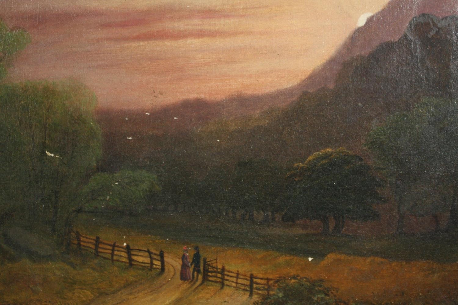 Oil on canvas, 19th century, figures in a landscape, in a gilt frame. H.50 W.59cm.