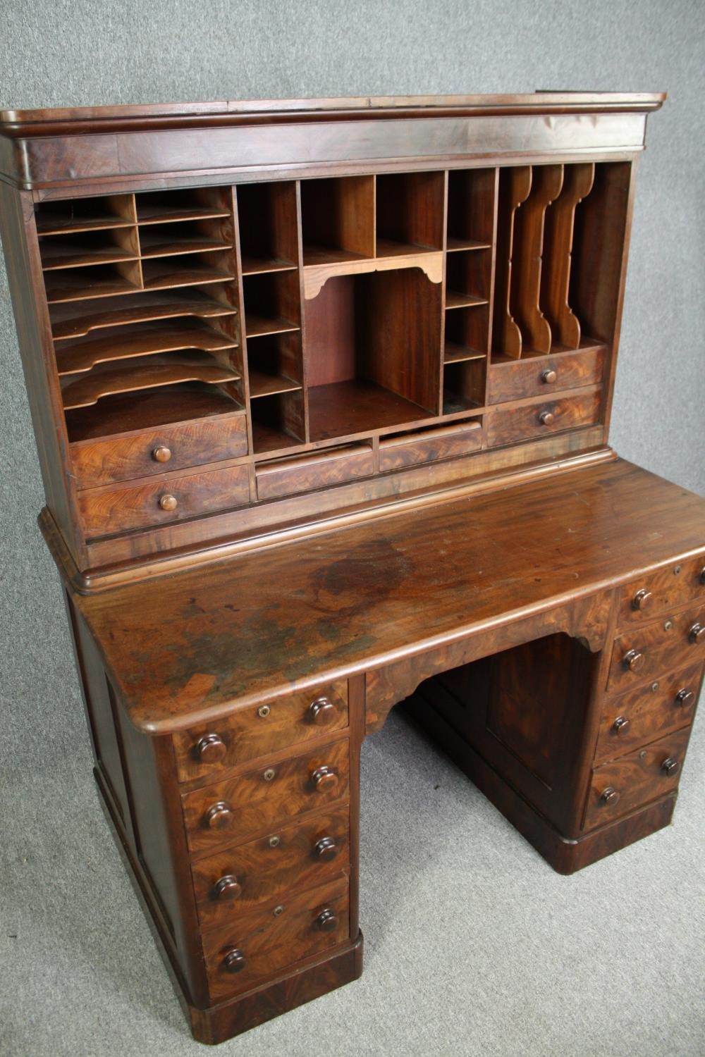 Desk, 19th century flame mahogany in three parts with upper stationery section. H.155 W.122 D.77cm. - Image 6 of 11