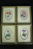 Four woven silkwork pictures, flowers and their latin names, framed and glazed. H.19 W.15cm. (each).