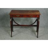 Writing table, late 19th century walnut on stretchered lyre supports. H.723 W.83 D.45cm.