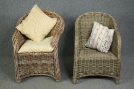 Two wicker conservatory tub chairs. H.89cm. (largest).