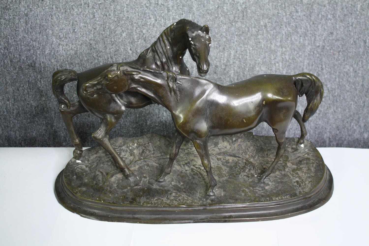 After Pierre-Jules Mene, an early 20th century bronze figure group, horses, signed to base. H.30 W.