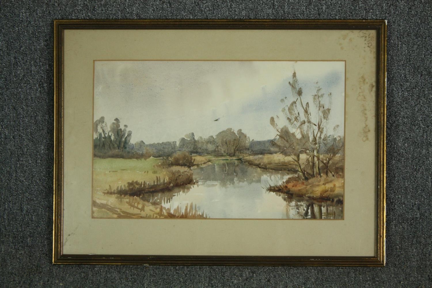 A tapestry, pencil sketch, houses, sepia wash seascape and a watercolour riverscape. H.39 W.41cm. - Image 14 of 16