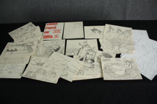 A box containing 81 ink drawings by Robert McAuley and a copy of an Ambit guide. L.44 W.23cm. (box)