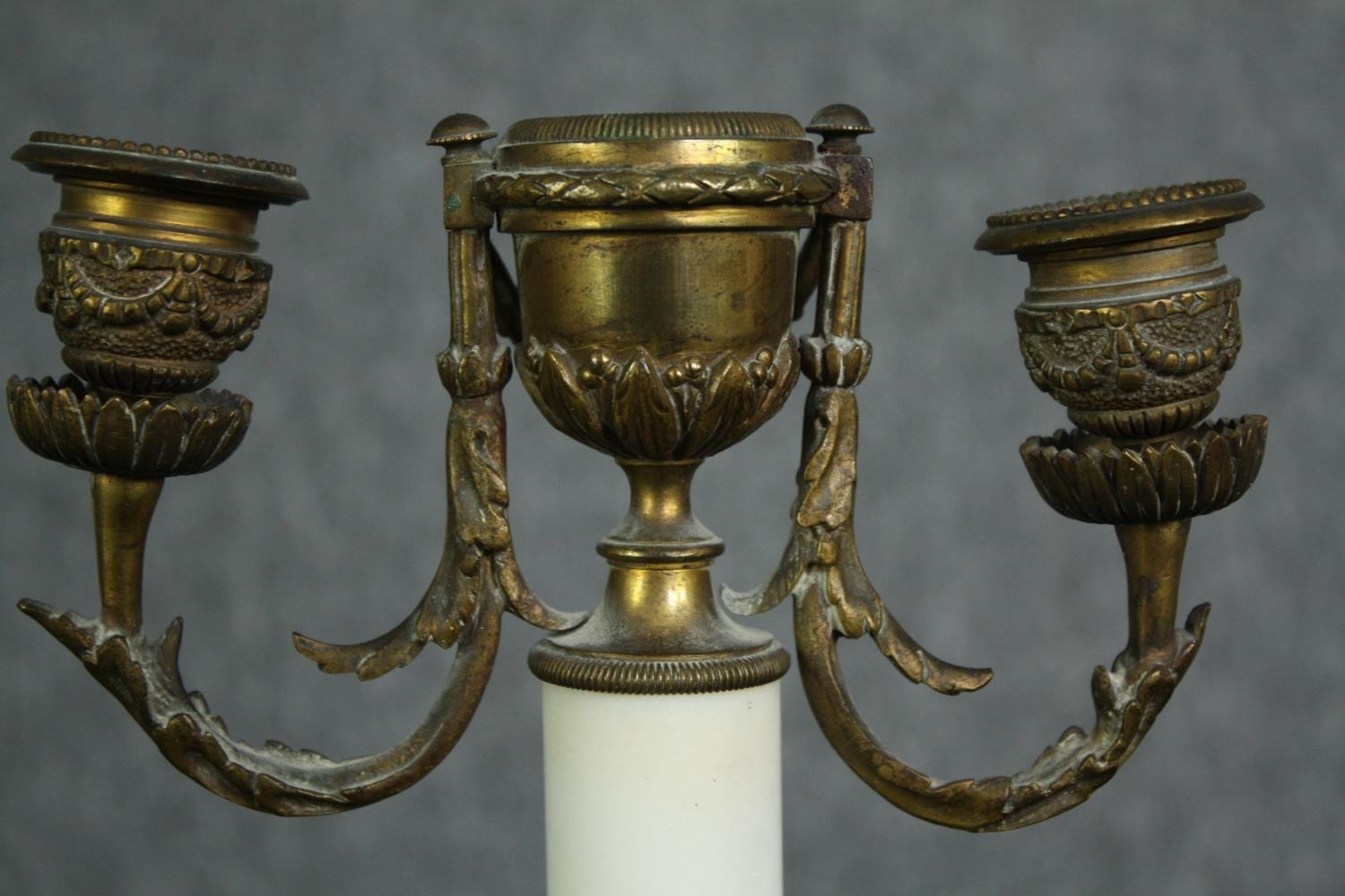 A small 19th century gilt metal and marble candelabra along with metal frame decorated with - Image 6 of 8