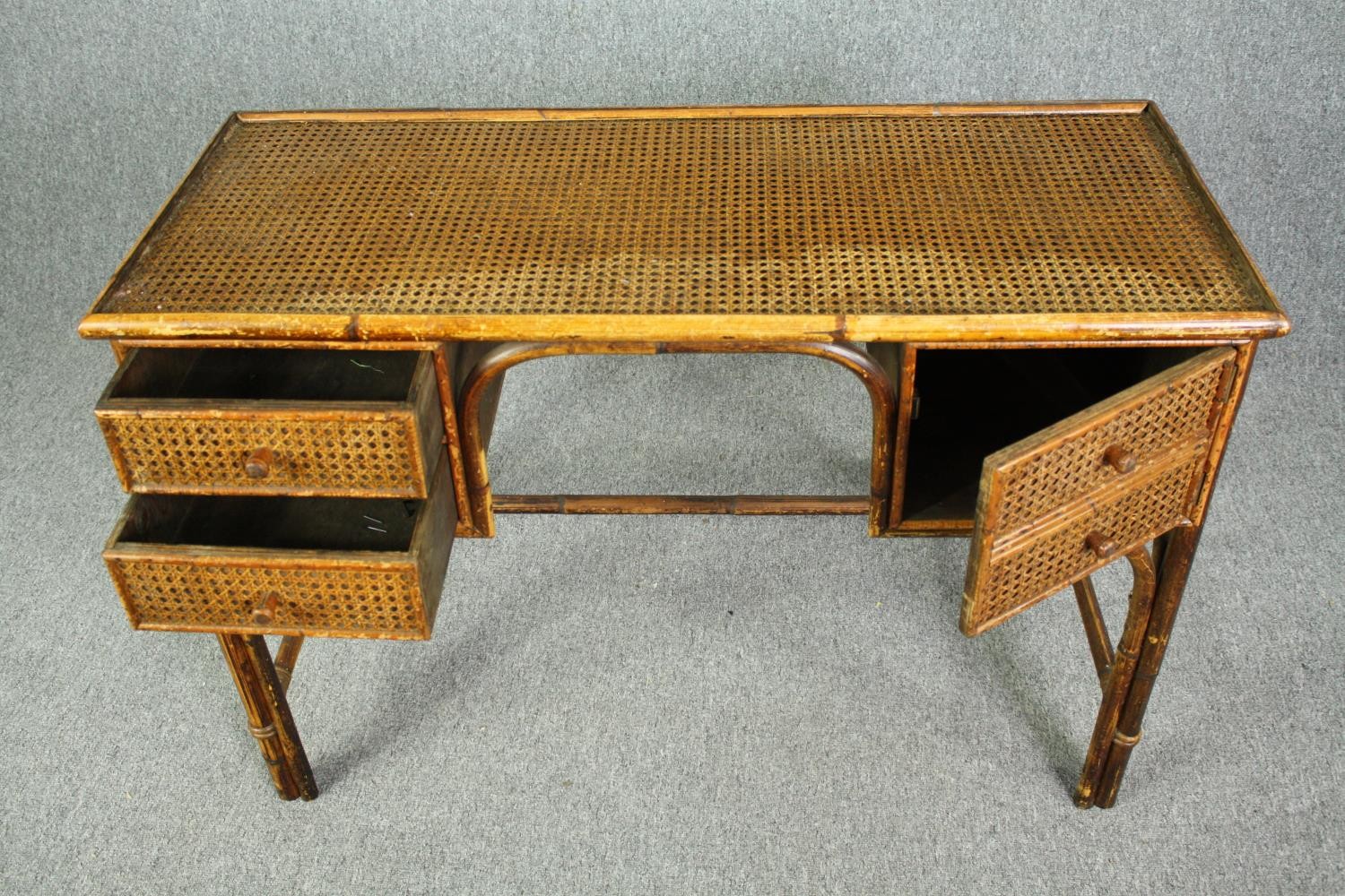 A vintage cane and bamboo writing or dressing table. H.75 W.107 D.44cm. - Image 5 of 8