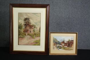 Two framed and glazed watercolours, village scenes, signed. H.60 W.46cm. (largest)