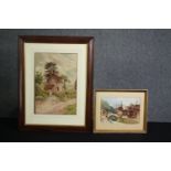 Two framed and glazed watercolours, village scenes, signed. H.60 W.46cm. (largest)