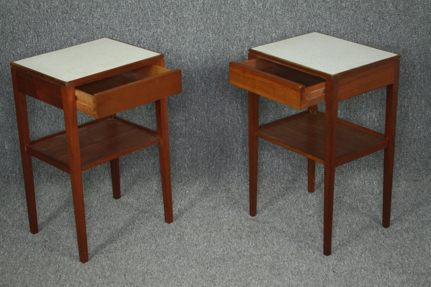 Bedside tables, a pair, mid century teak with composite laminated tops. H.61 W.38 D.31cm. (each). - Image 3 of 7
