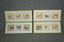 A set of twelve watercolour studies of waterfowl, set in four frames. H.27 W.63cm. (each) One