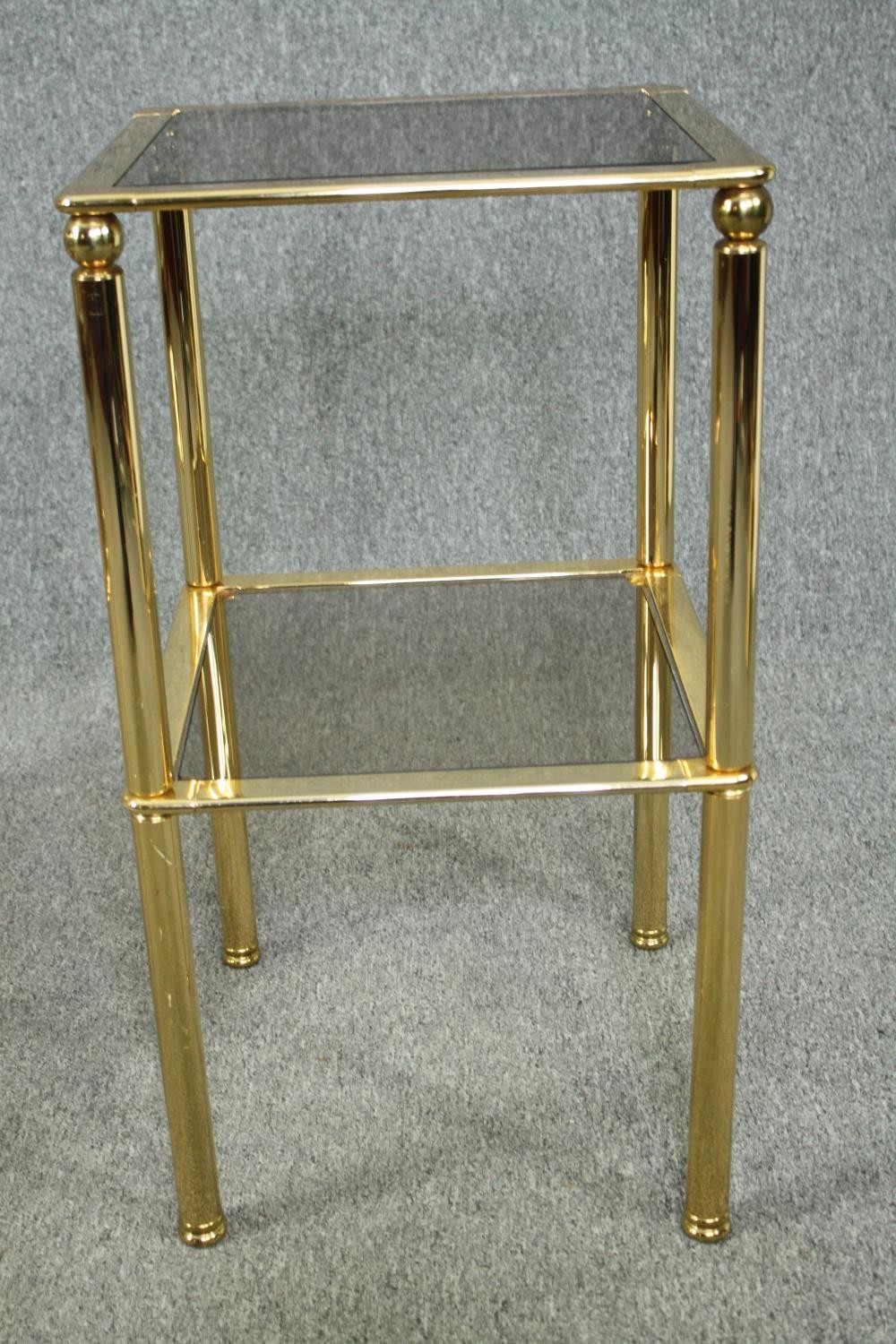 A pair of contemporary brass and glass lamp tables. H.73 W.40 D.40cm. (each) - Image 3 of 5