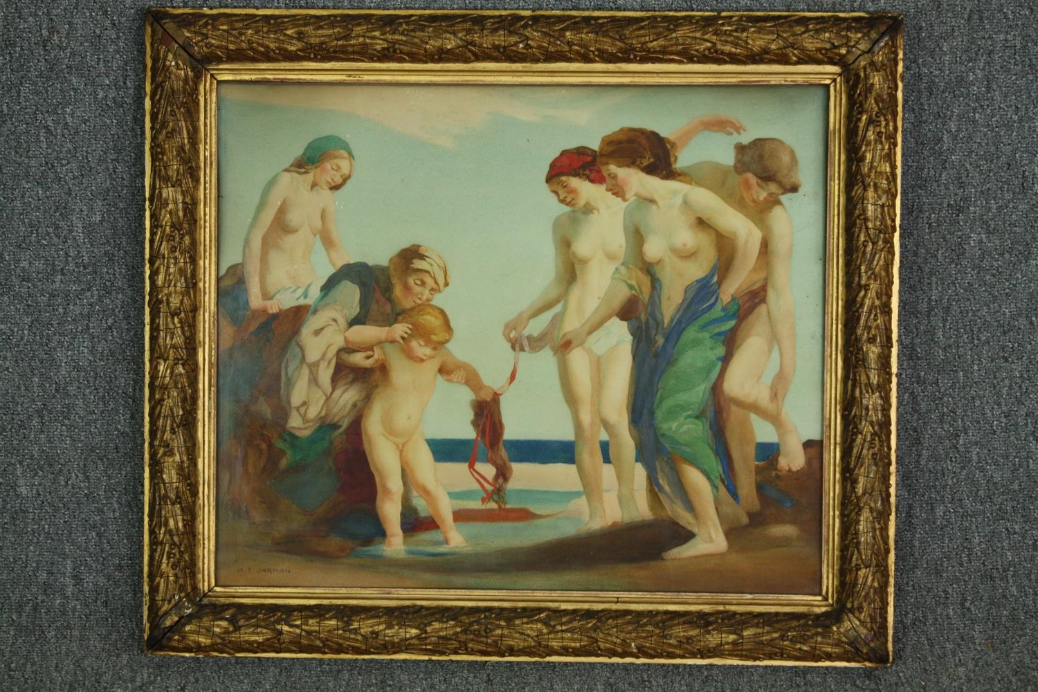 Henry Thomas Jarman (1871-1956), a framed and glazed watercolour; Halcyon Days with exhibition label - Image 2 of 5