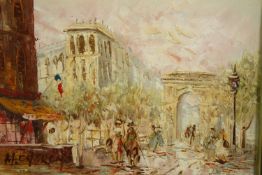 Oil on canvas, Impressionist style Paris street scene signed M Church. H.33 W.38cm.