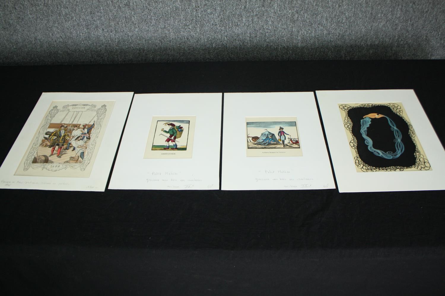 A miscellaneous collection of four 19th century hand coloured engravings. H.33 W.26cm. (largest)