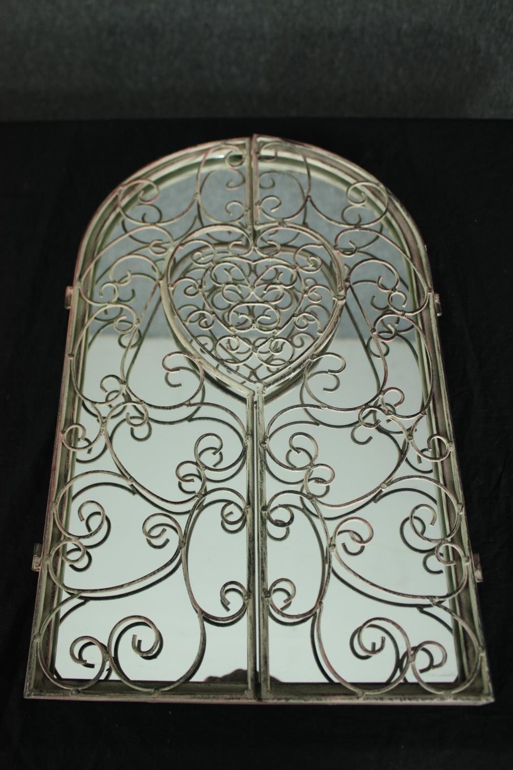 A pair of distressed painted mirrors with wrought metal doors. H.50 W.31cm. (each) - Image 2 of 5