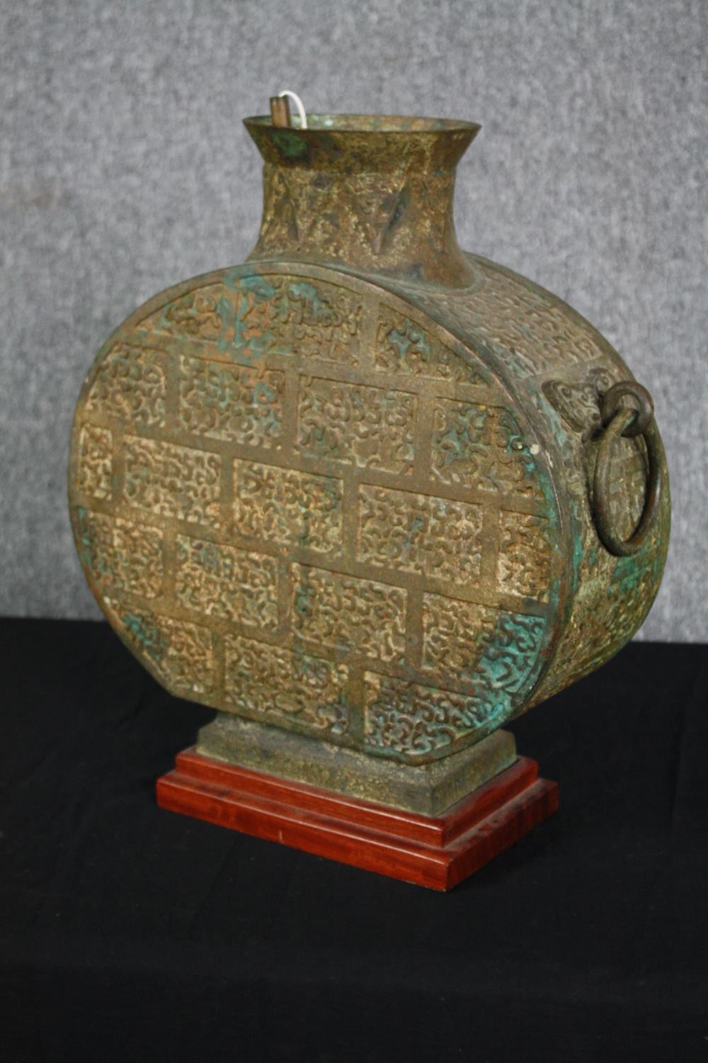 A Chinese gilt bronze archaic style Hu wine vessel converted for electricity. H.50 W.43 D.15cm. - Image 3 of 6