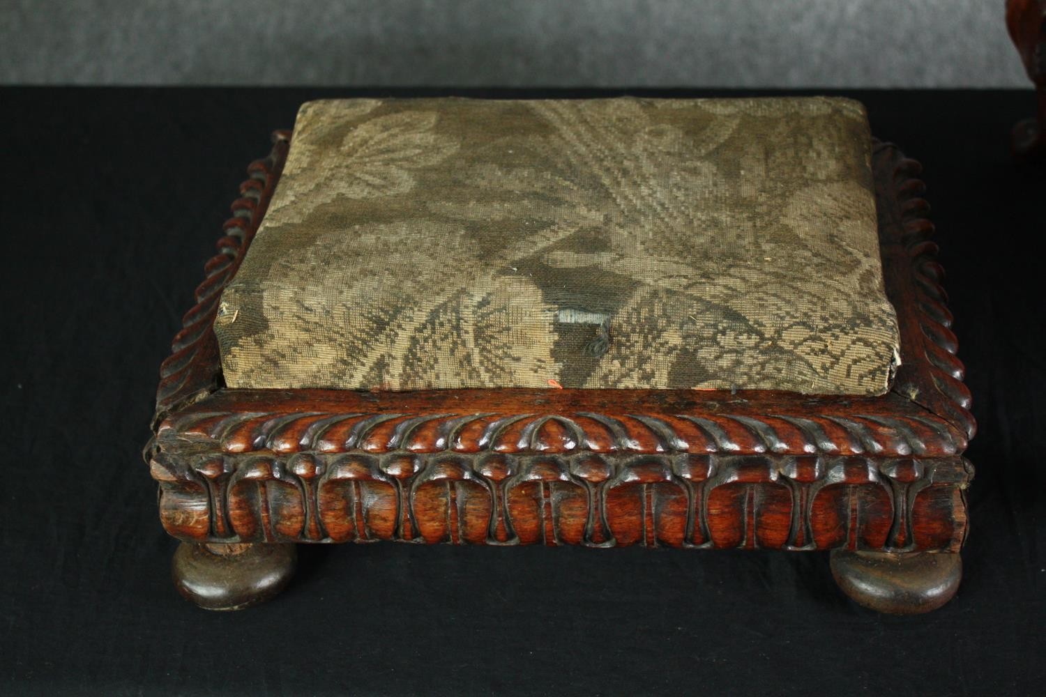 A Victorian walnut low table with base drawer and a late Regency rosewood footstool. H.26 W.63 D. - Image 2 of 10