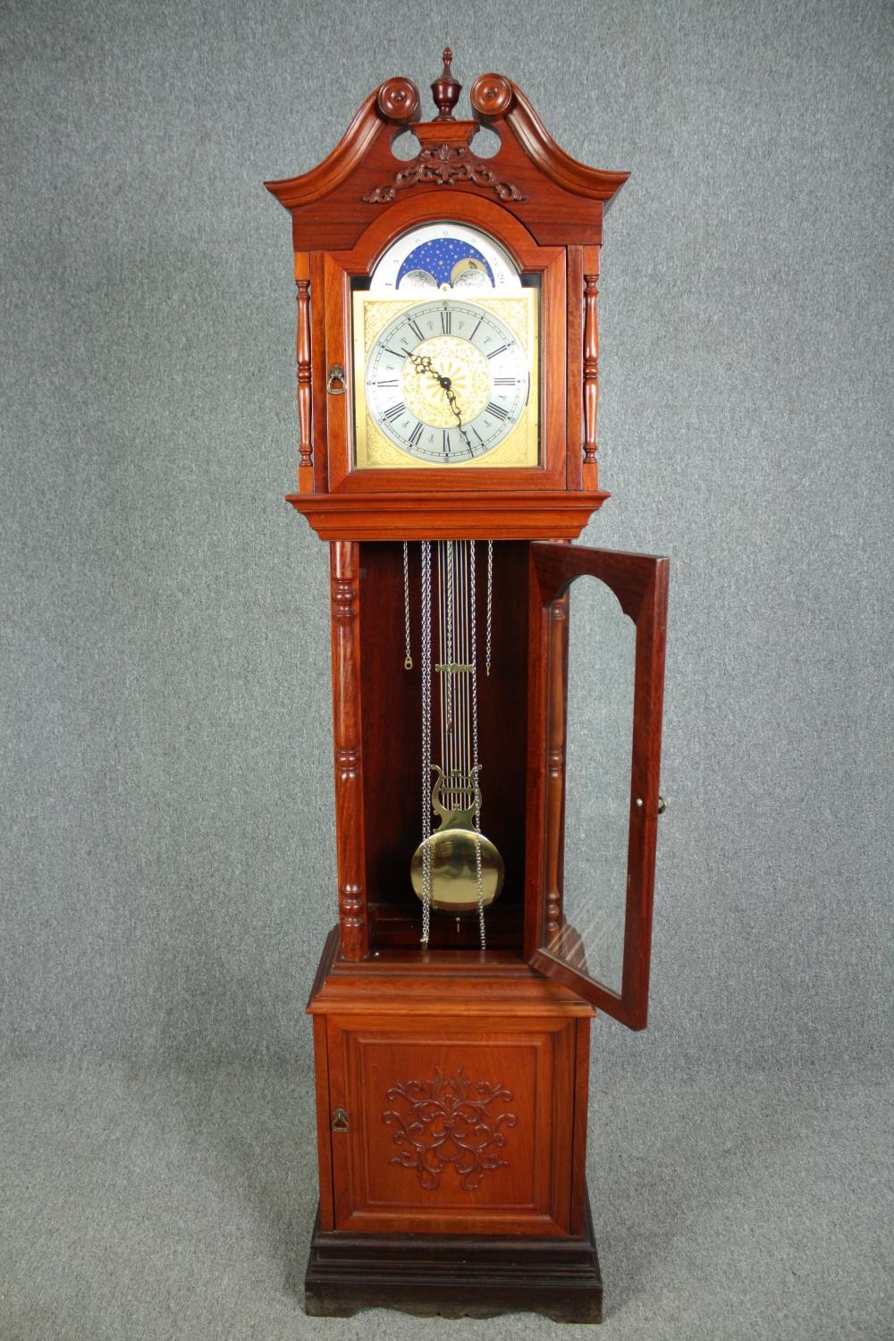 A Georgian style mahogany longcase clock with moonphase and steel and brass engraved face. H.212 W. - Image 4 of 10