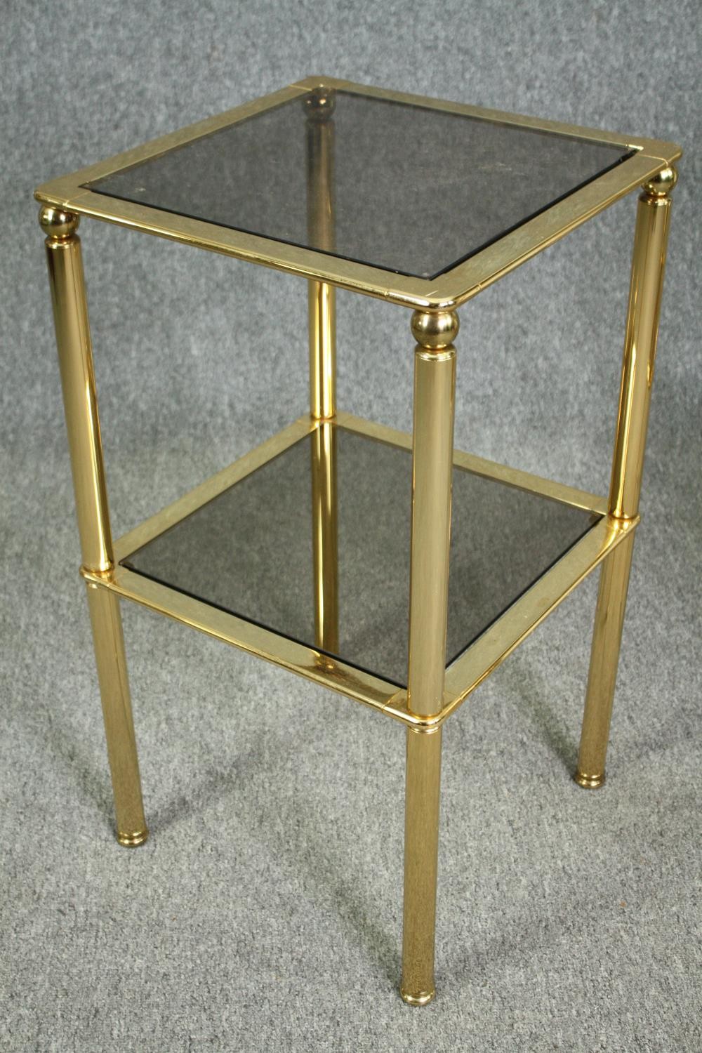 A pair of contemporary brass and glass lamp tables. H.73 W.40 D.40cm. (each) - Image 4 of 5