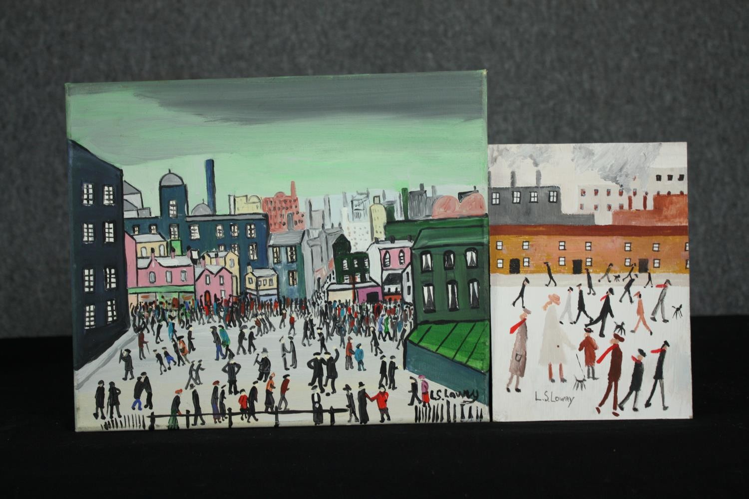 After Lowry, an oil on canvas along with an oil on card. (Along with a certificate to authenticate
