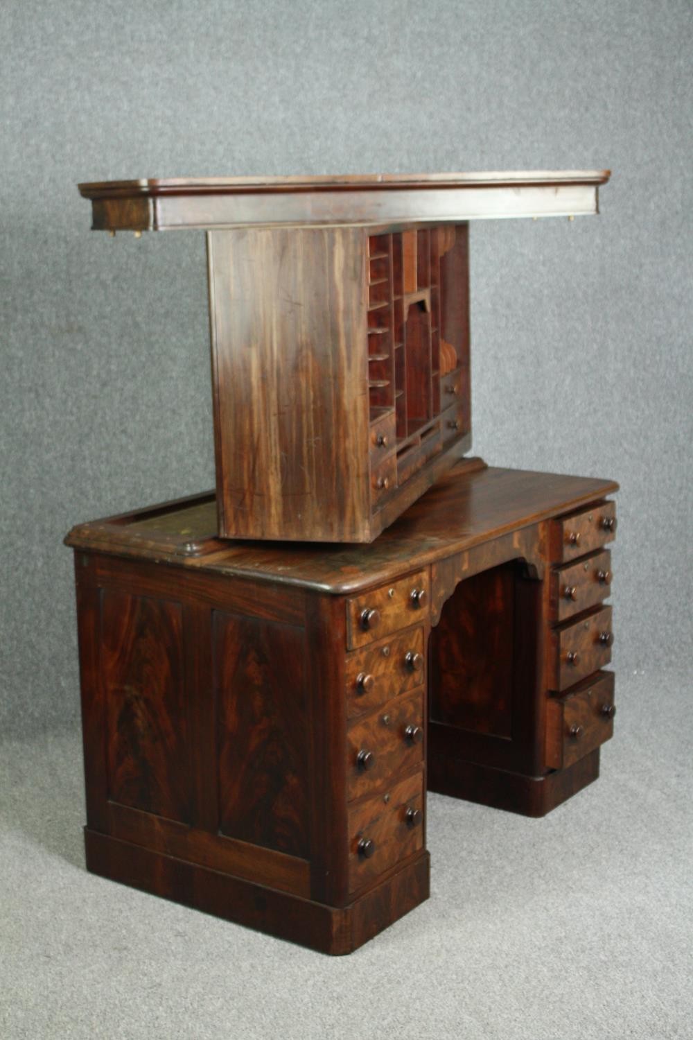 Desk, 19th century flame mahogany in three parts with upper stationery section. H.155 W.122 D.77cm. - Image 11 of 11