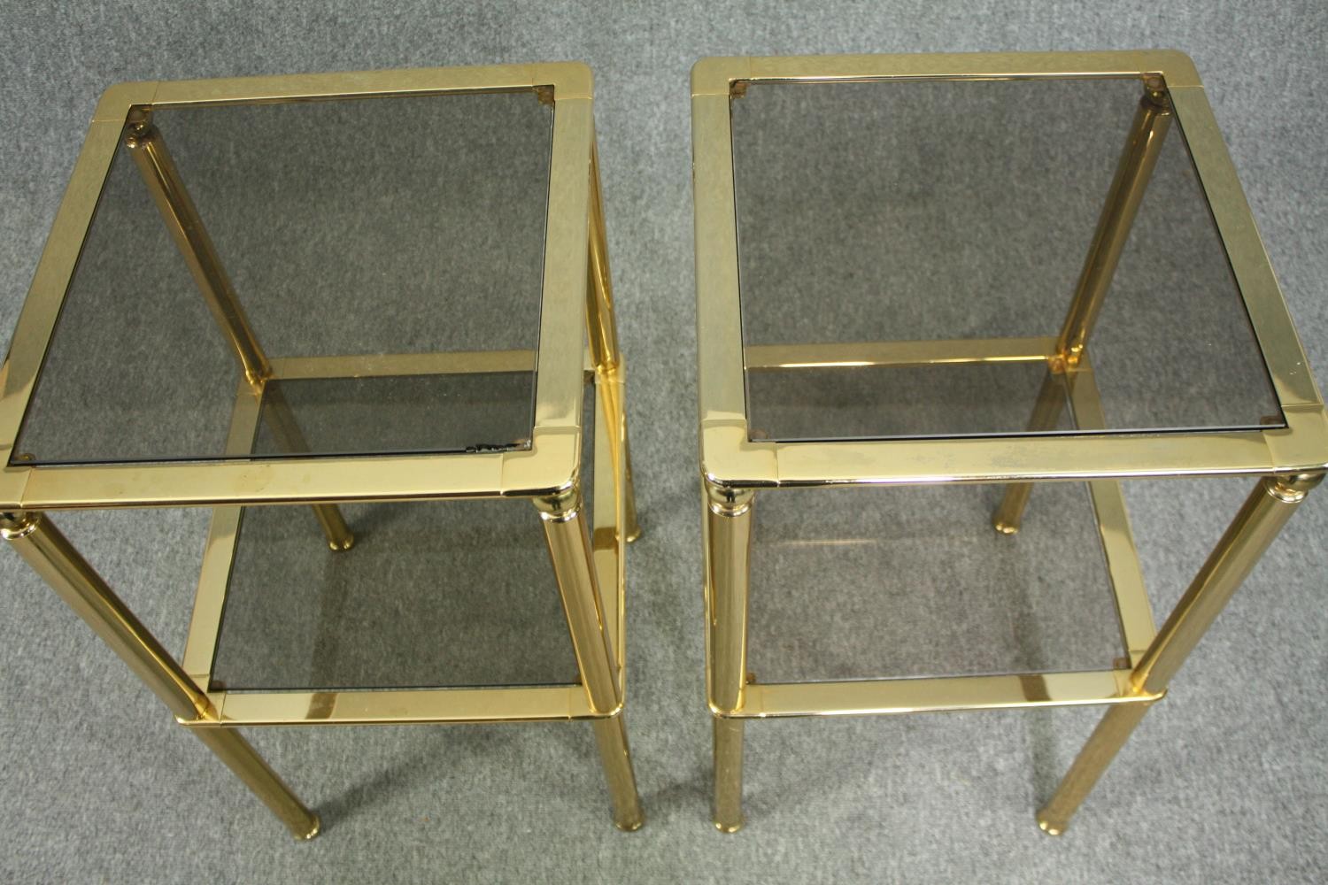 A pair of contemporary brass and glass lamp tables. H.73 W.40 D.40cm. (each) - Image 2 of 5