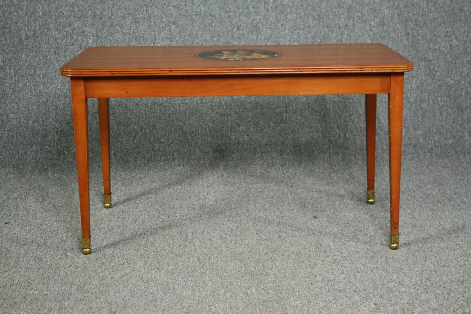 A vintage coffee table, 19th century style Continental satinwood with central painted cartouche. - Image 2 of 9