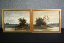 Oils on board, a pair, 19th century cows in a landscape. H.40 W.50cm. (each).