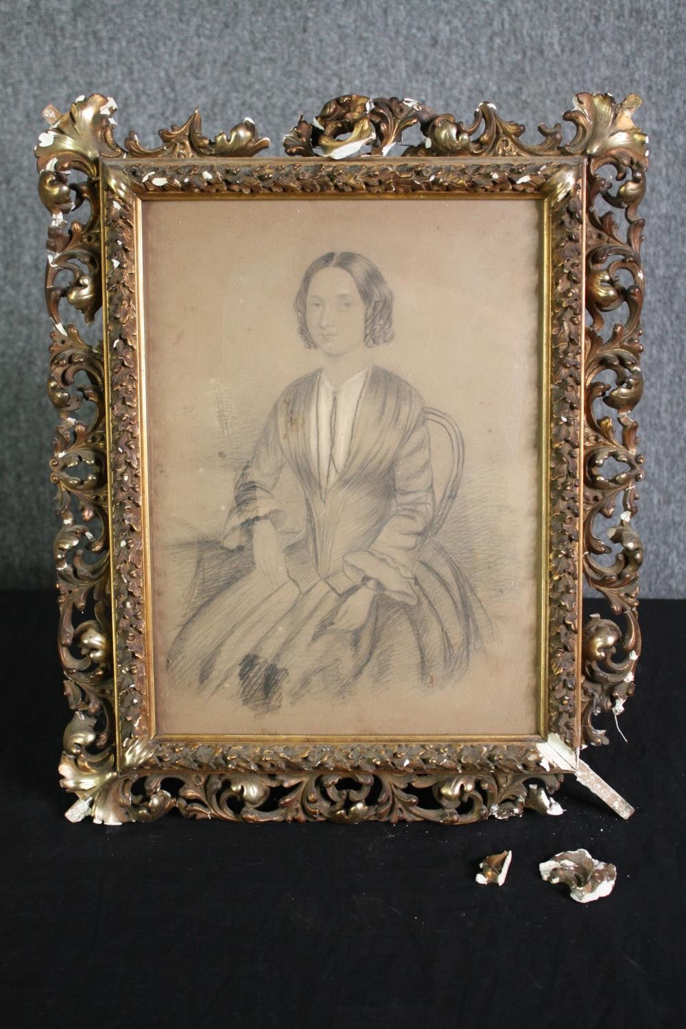 A 19th century pencil and wash portrait study in ornate gilt frame. (Frame damaged as seen). H.50 - Image 2 of 4