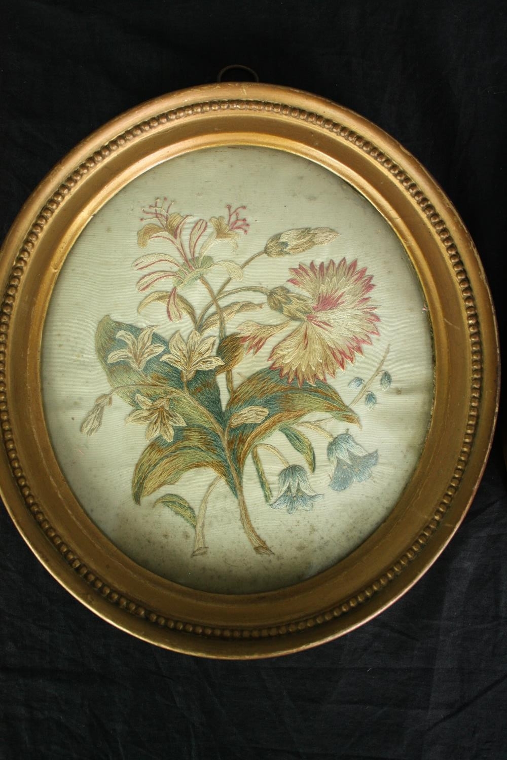 A pair of 19th century woolwork embroideries, honeysuckle, carnations and bluebells, framed and - Image 2 of 6