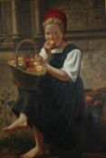 After Charles Victor Thirion, a large gilt framed print on canvas, girl eating an apple. H.118 W.