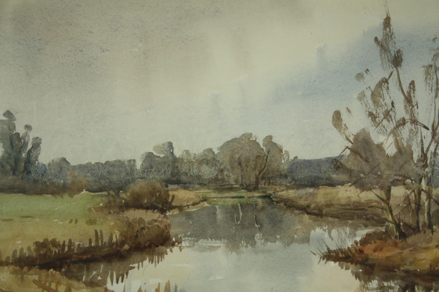 A tapestry, pencil sketch, houses, sepia wash seascape and a watercolour riverscape. H.39 W.41cm. - Image 15 of 16