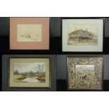 A tapestry, pencil sketch, houses, sepia wash seascape and a watercolour riverscape. H.39 W.41cm.