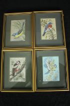 Four woven silkwork pictures, bird studies, signed and framed and glazed. H.19 W.15cm. (each).