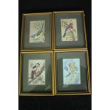 Four woven silkwork pictures, bird studies, signed and framed and glazed. H.19 W.15cm. (each).