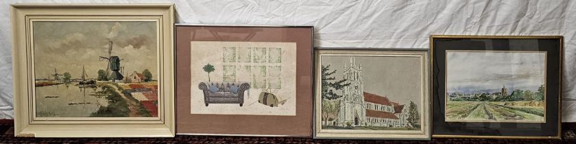 A collection of three original works along with a signed etching. Largest is H.53 W.64cm.